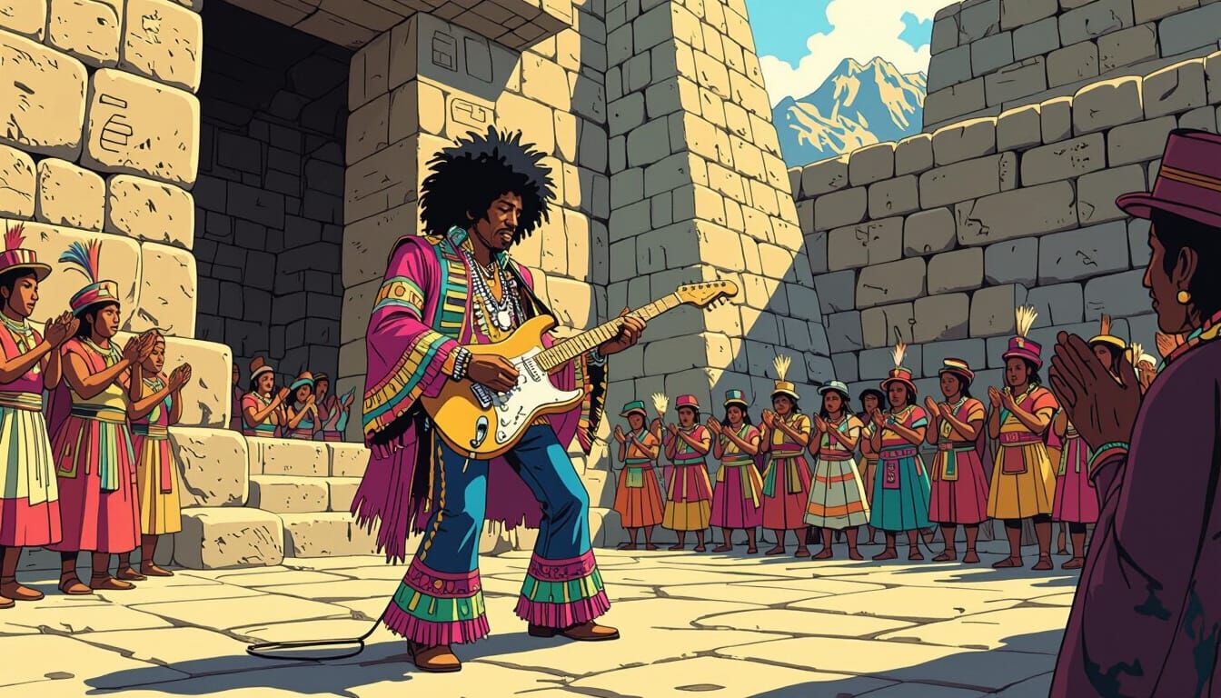 Jimi Hendrix Plays Guitar in Inca Temple, Comic Art Style