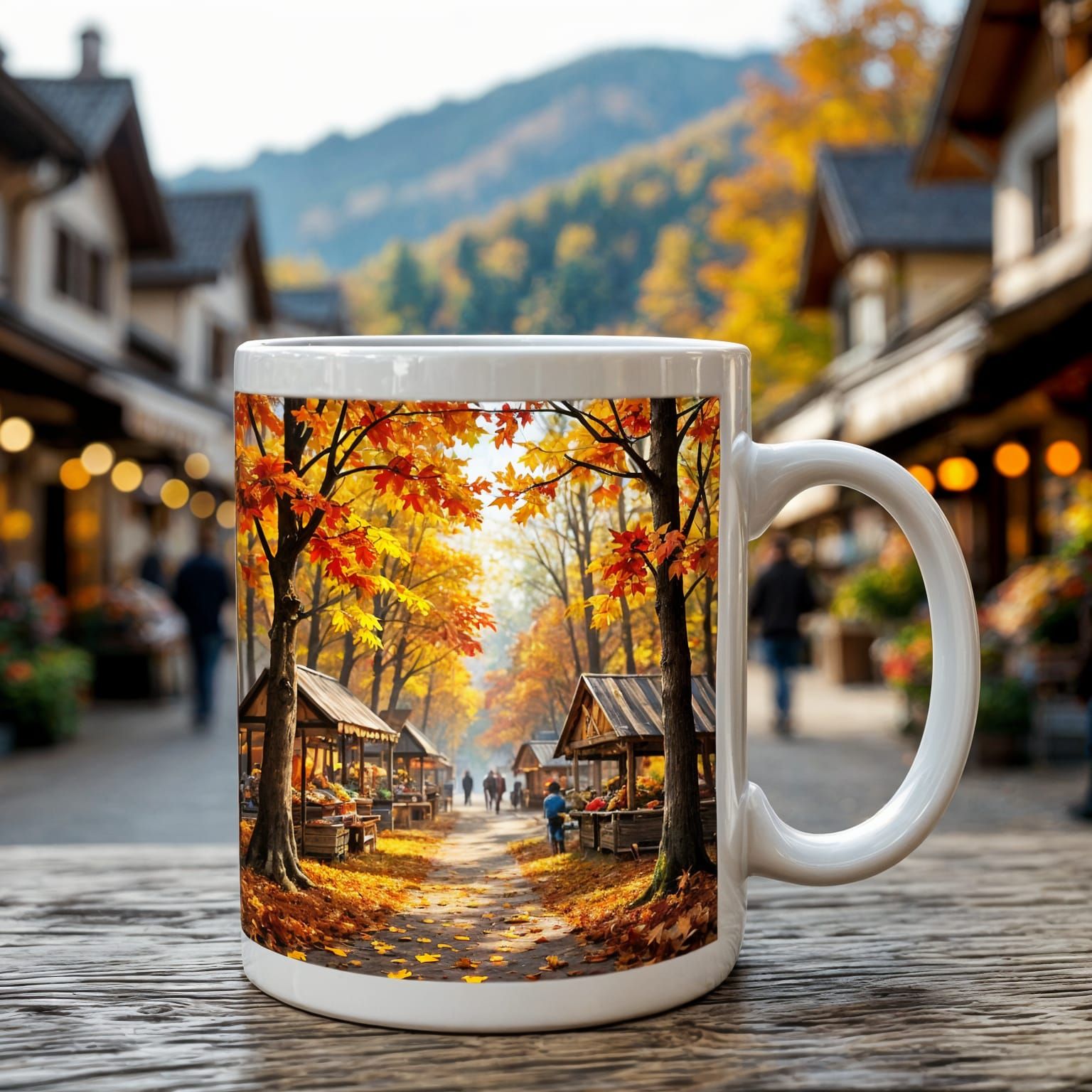 Inside the mug an autumn forest, a market in a town