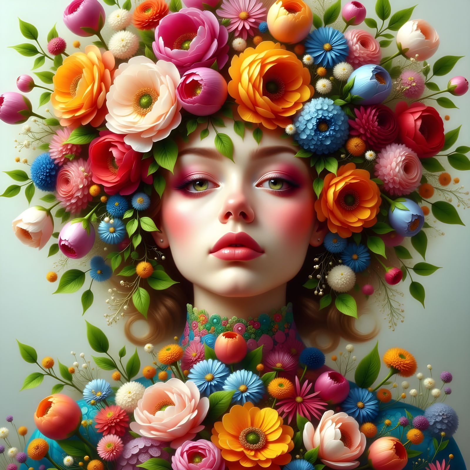 Woman Made of Vibrant Floral Blooms in Oil Painting Style