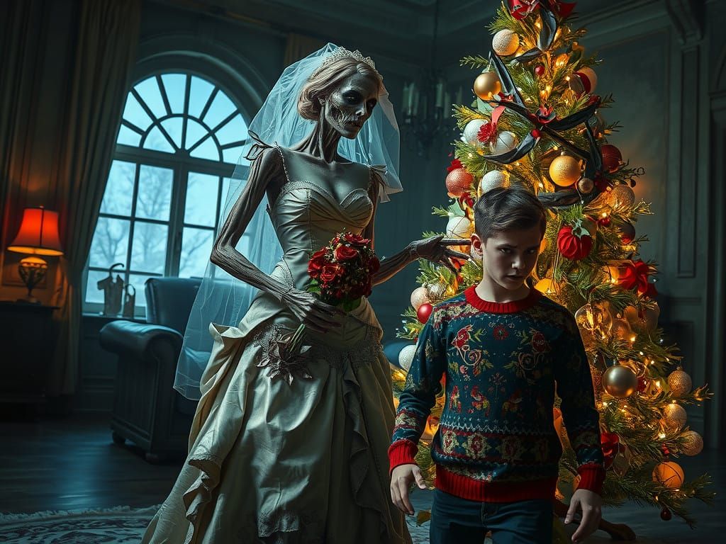 Undead Zombie Bride Stands Menacingly Beside Festive Christm...