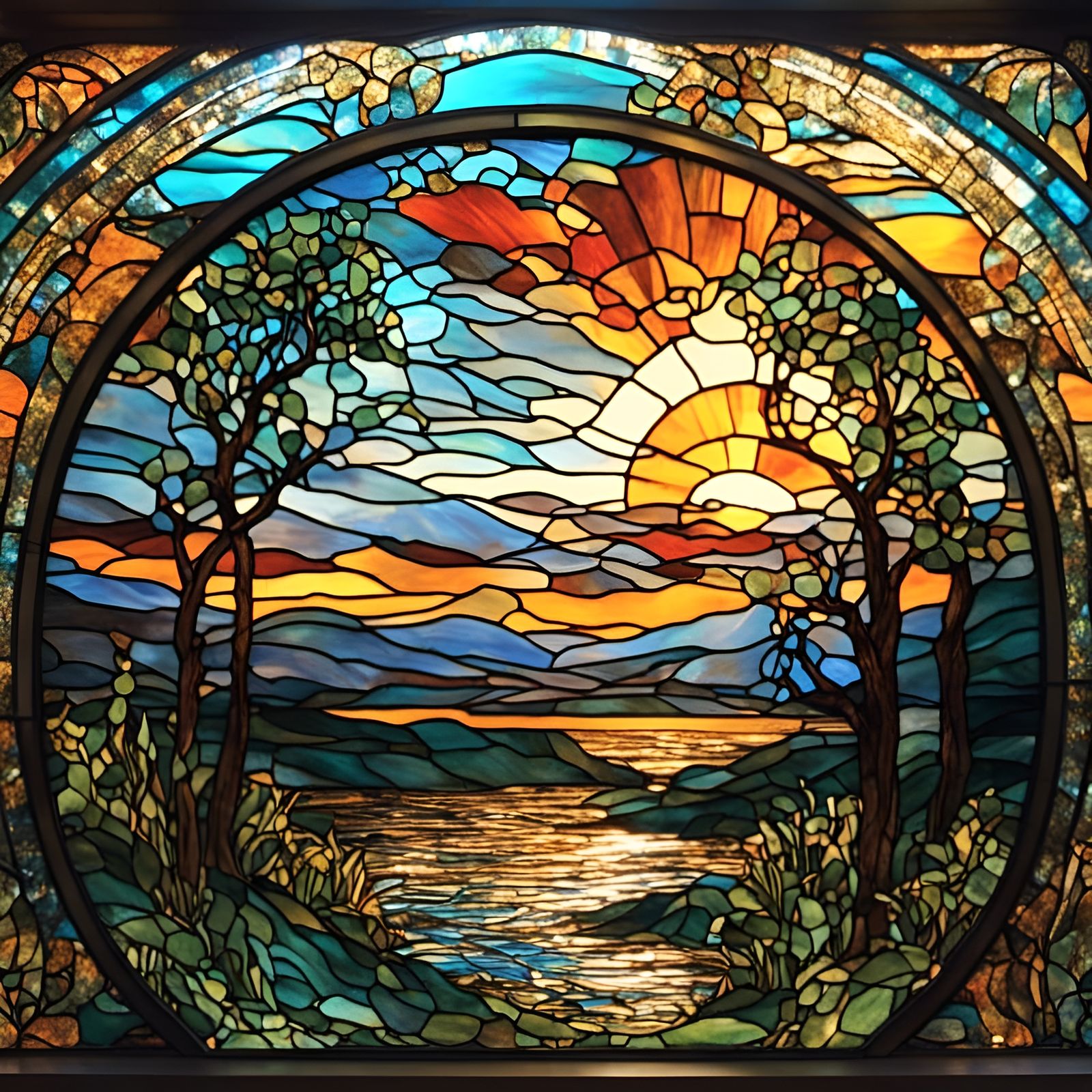 Vivid Stained Glass Sunset Landscape
