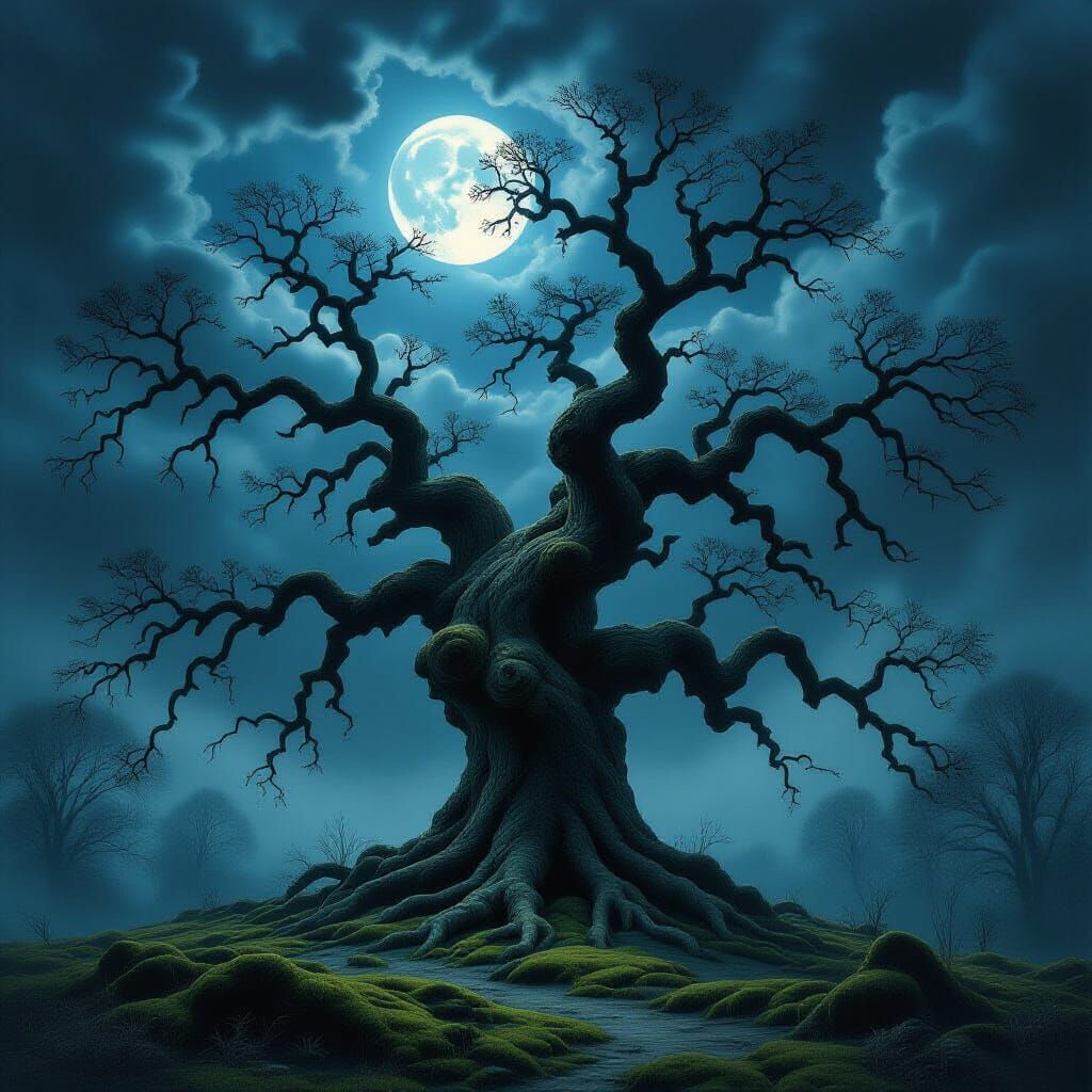 Ancient Oak Tree Under Stormy Sky in Gothic Style