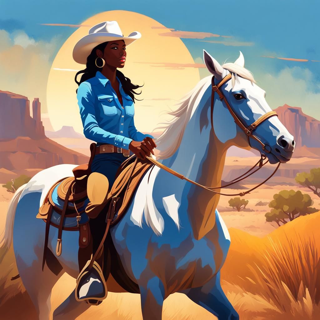 Cowgirl Rides Horse in Western Digital Art