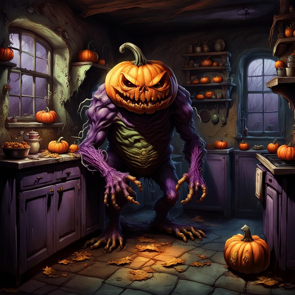Eerie Pumpkin Monster in Grimy Kitchen: Dark Fantasy Art