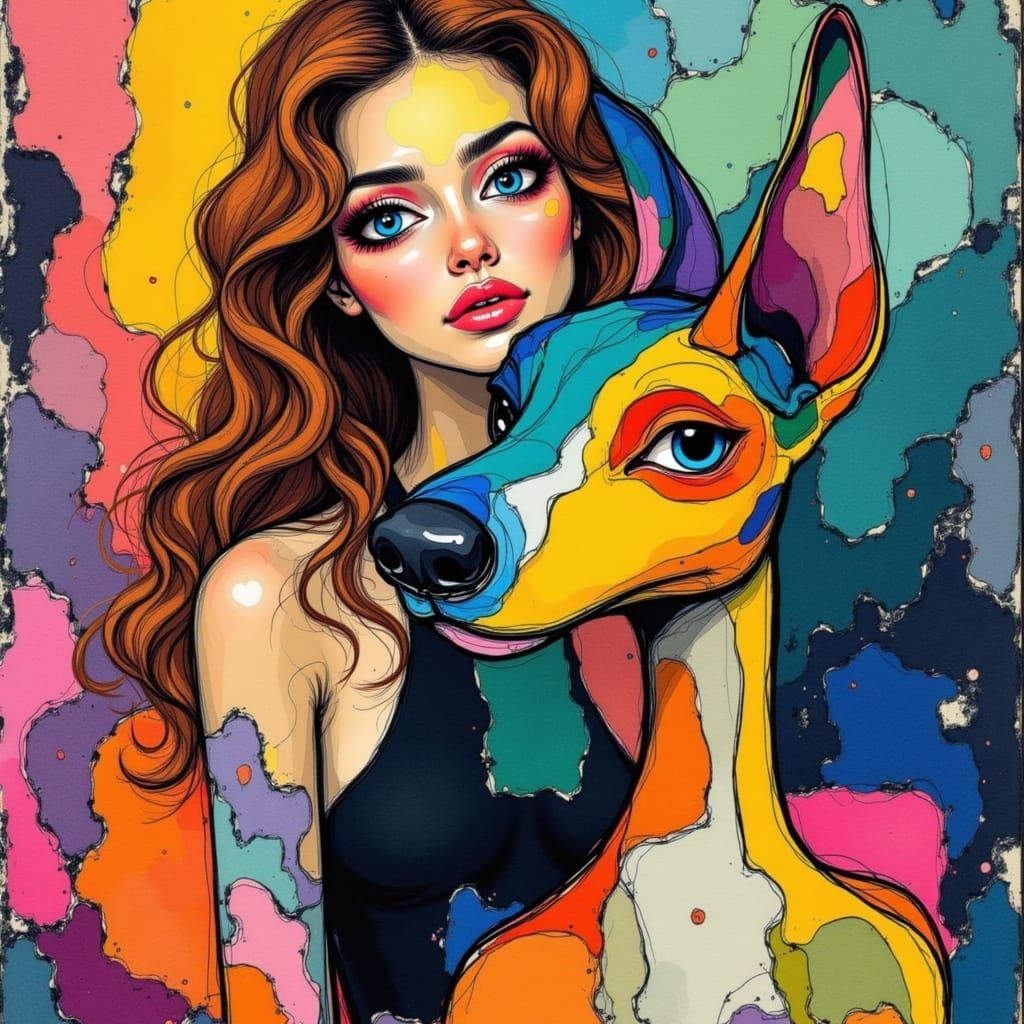 Cubist Fusion of Woman and Dog in Vibrant Abstraction