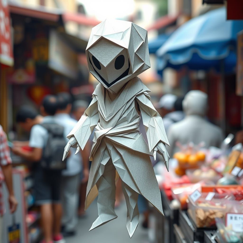 Paper Humanoid in Crowded Market, Digital Art