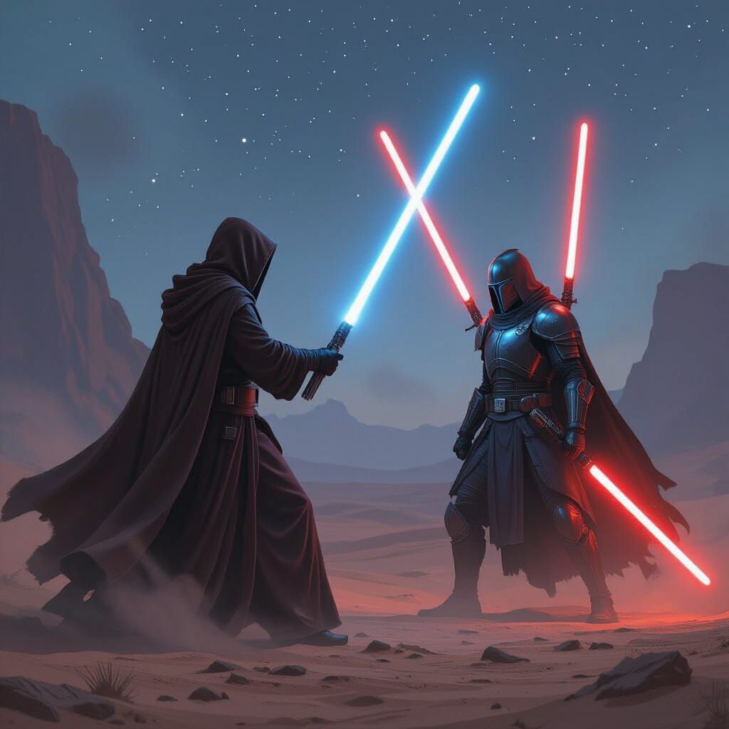 Jedi Duel in Smoky Desert Under Starry Night
