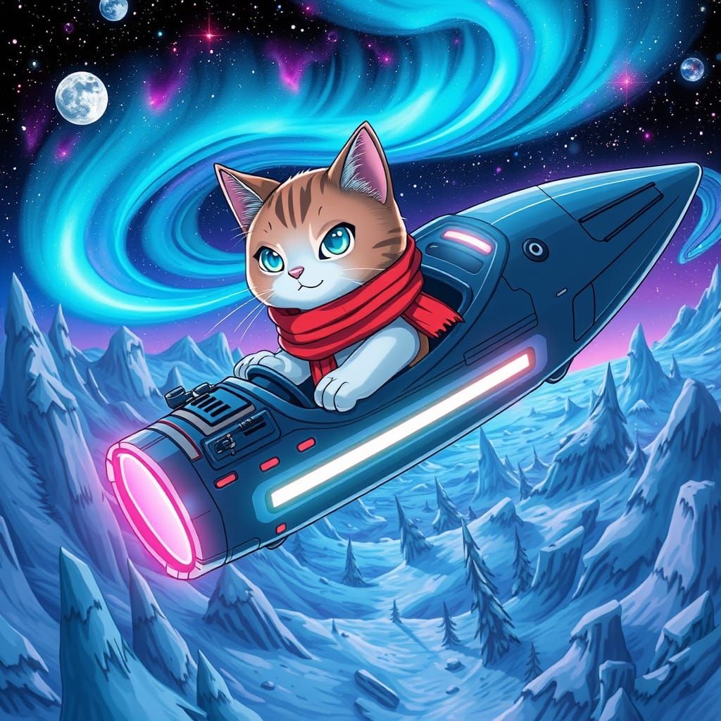Bioluminescent Cat Piloting Spaceship in Cosmic Winter