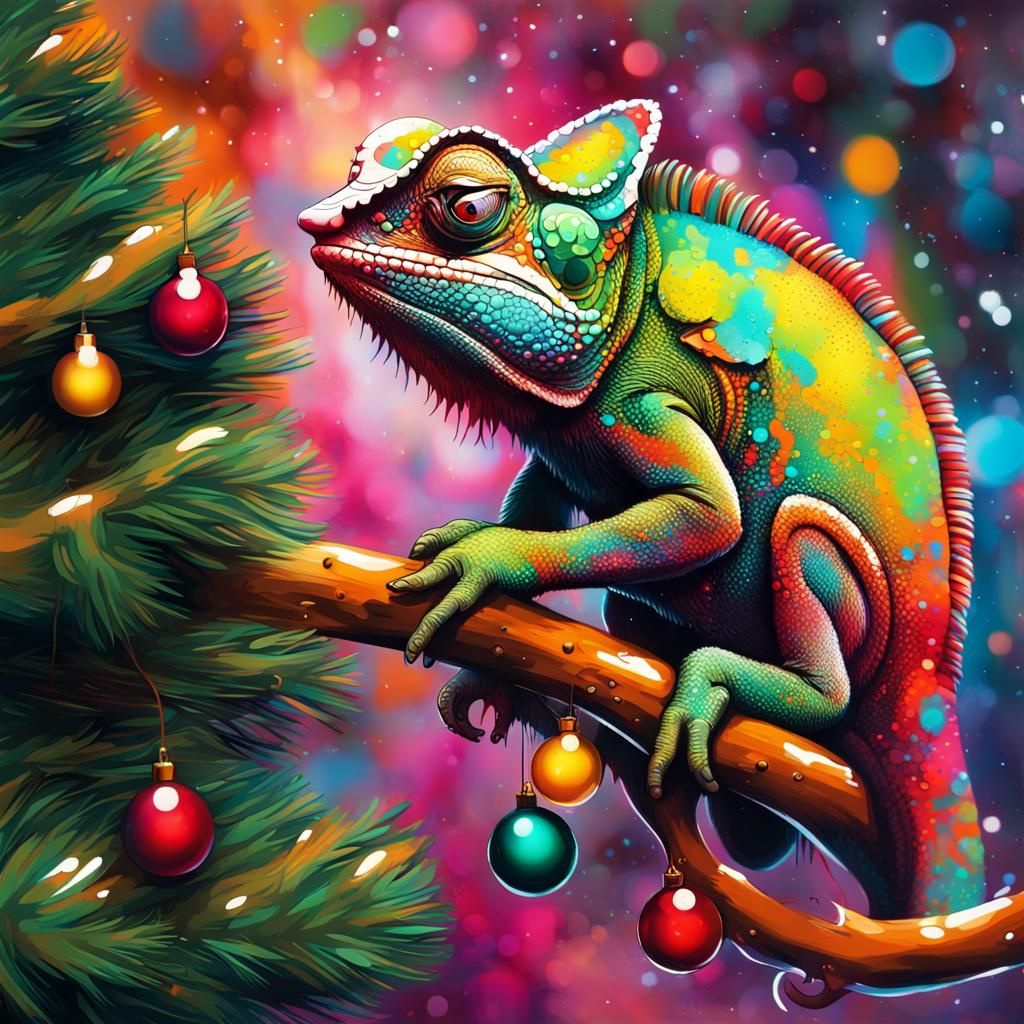 Chameleon Blends into Christmas Tree: Graffiti Art