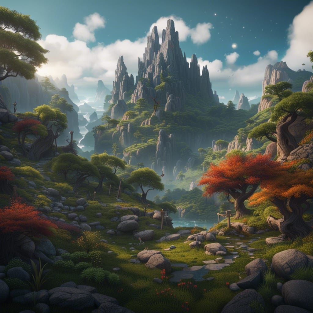 Mountainous Landscape with Animals: Fantasy Concept Art