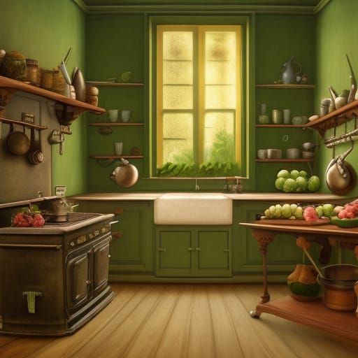 1800s Green Kitchen with Fruits, Detailed Matte Painting