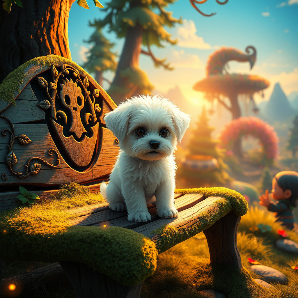 Dog on Bench in Dreamlike Fantasy Landscape