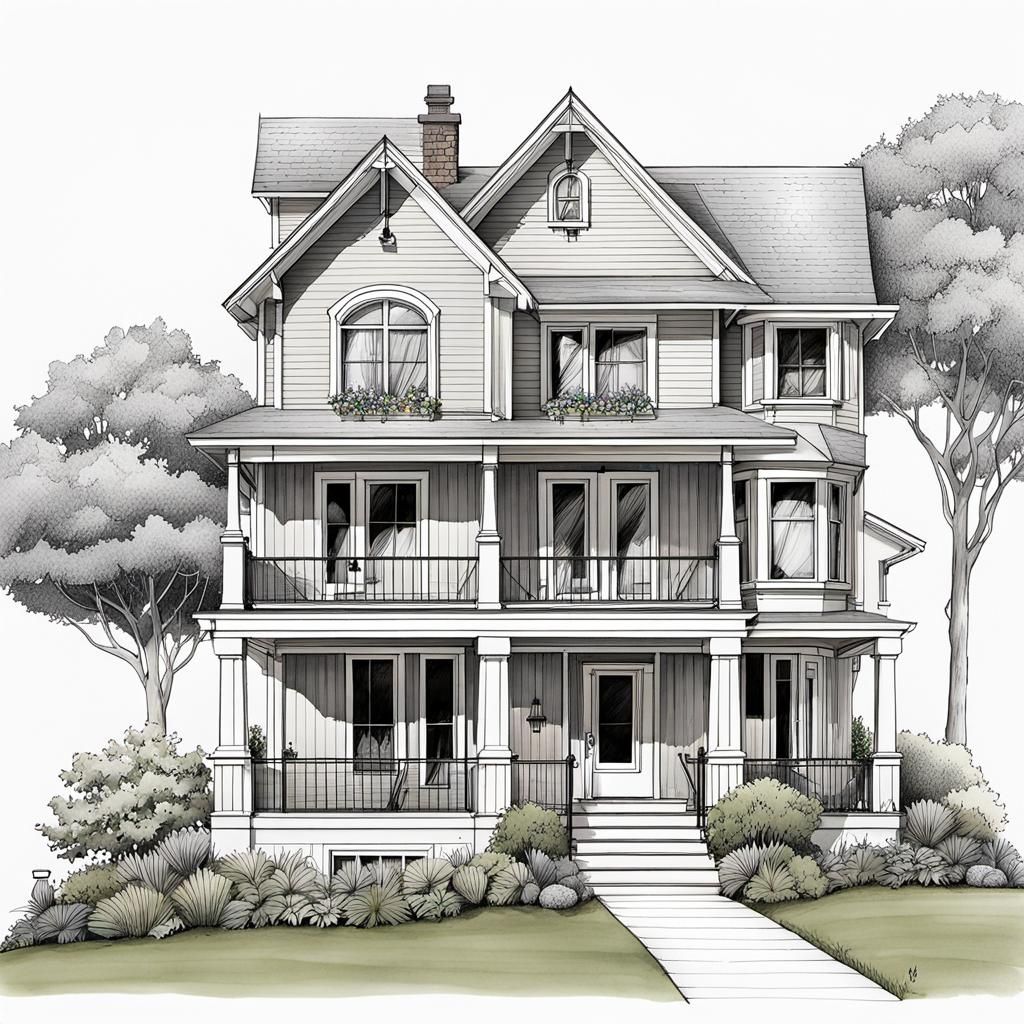 Suburban Home Cross-Section in Ligne Claire Style