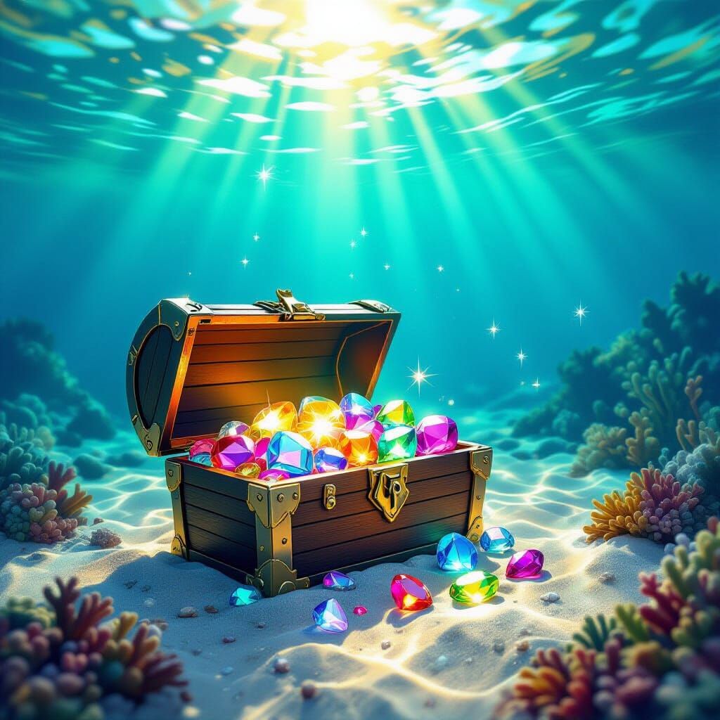 Treasure Chest Overflowing with Glowing Gems on Seabed