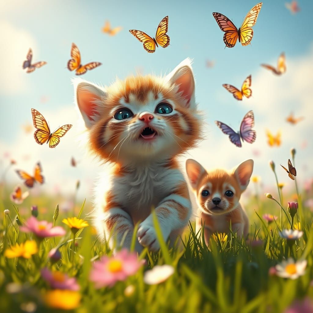 Kitten and Puppy Chase Butterflies in Fantasy Meadow