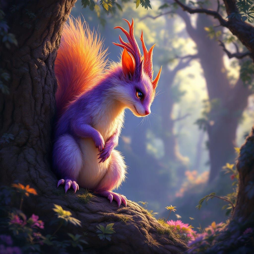Fantasy Squirrel Dragon in Dark Forest, with Fluffy Fur and ...