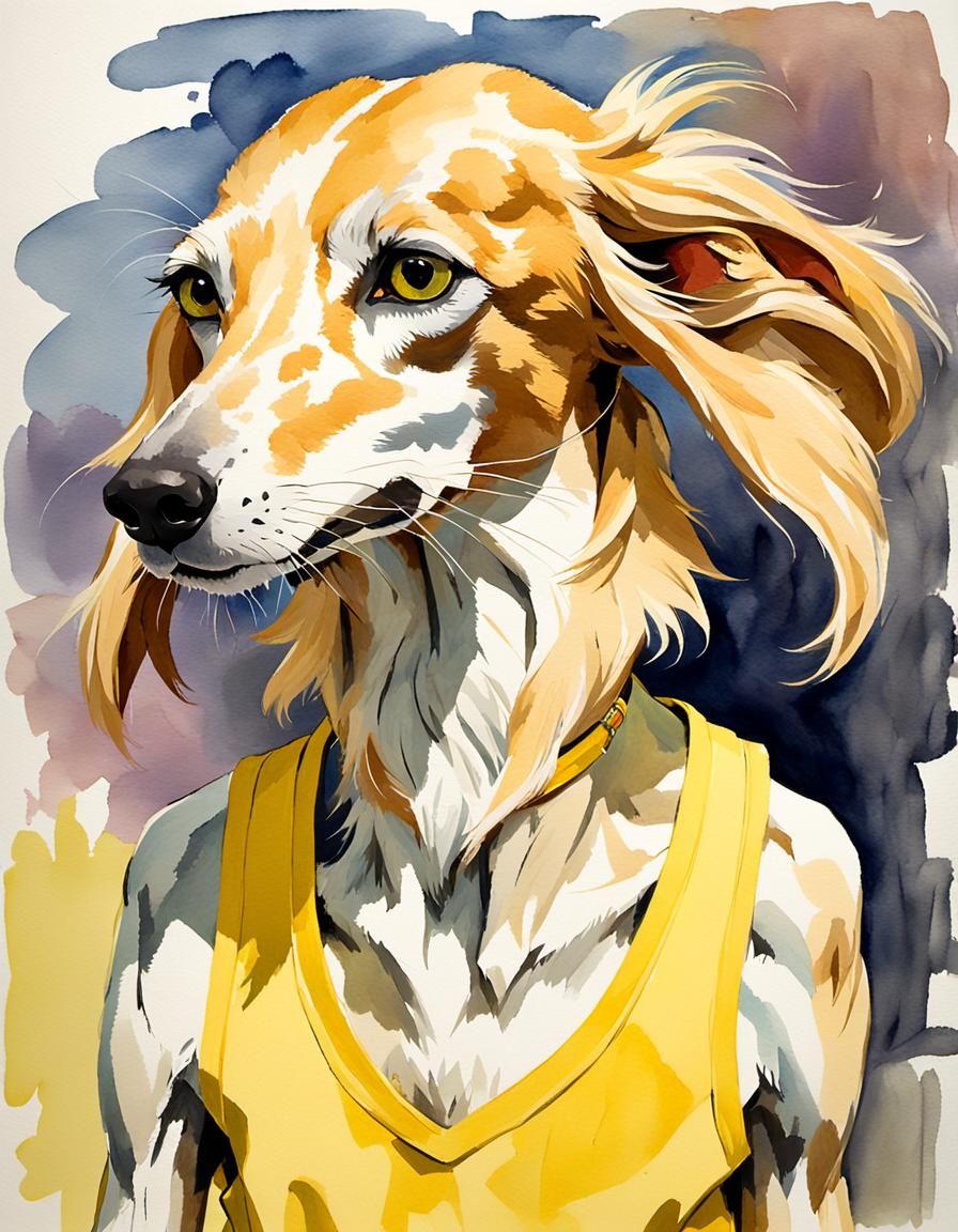 Saluki Hound in Yellow Dress, Gouache Illustration