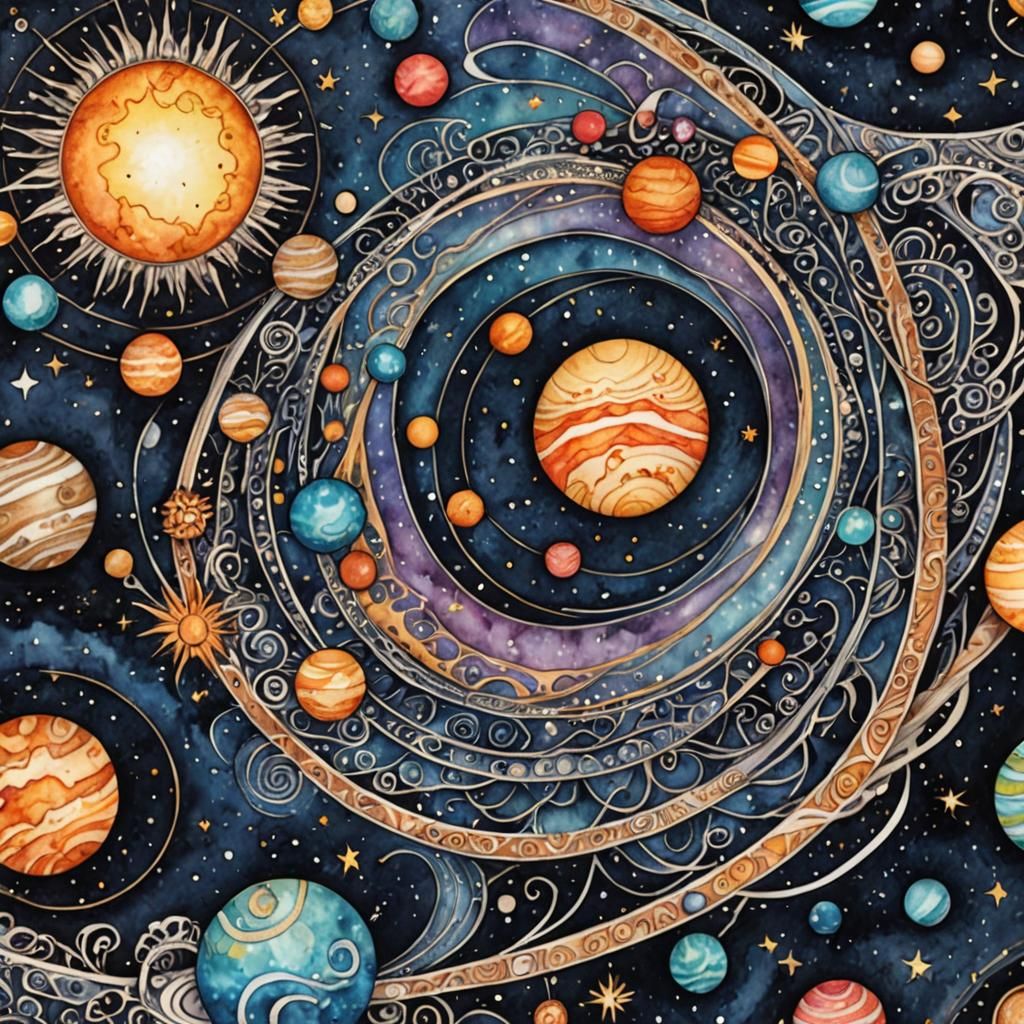 Dreamlike Solar System: Intricate Watercolor Zentangle Illus...