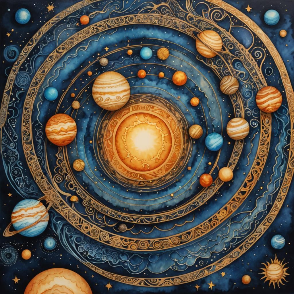 Zentangle Solar System in Wet-Wash Watercolour Style