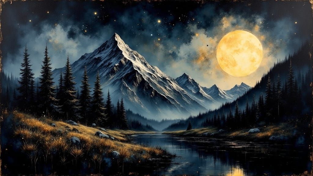 Moonlit Mountains in Oil with Gold Accents