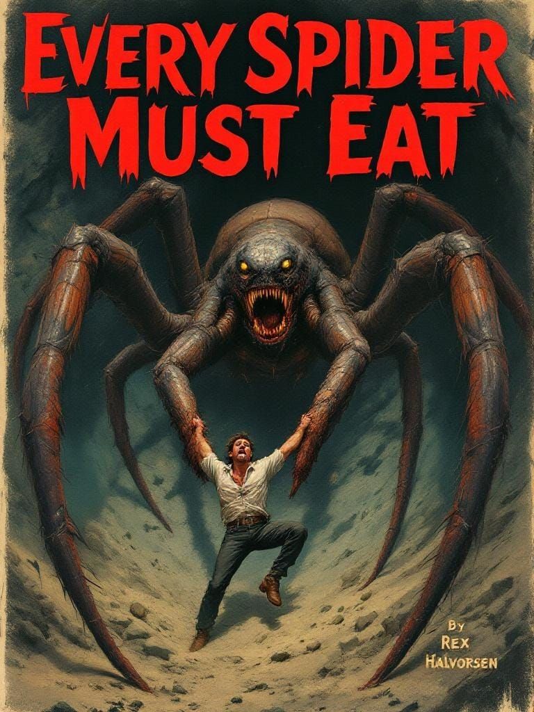 Menacing Spider Drags Man into Cave: Pulp Fiction Cover