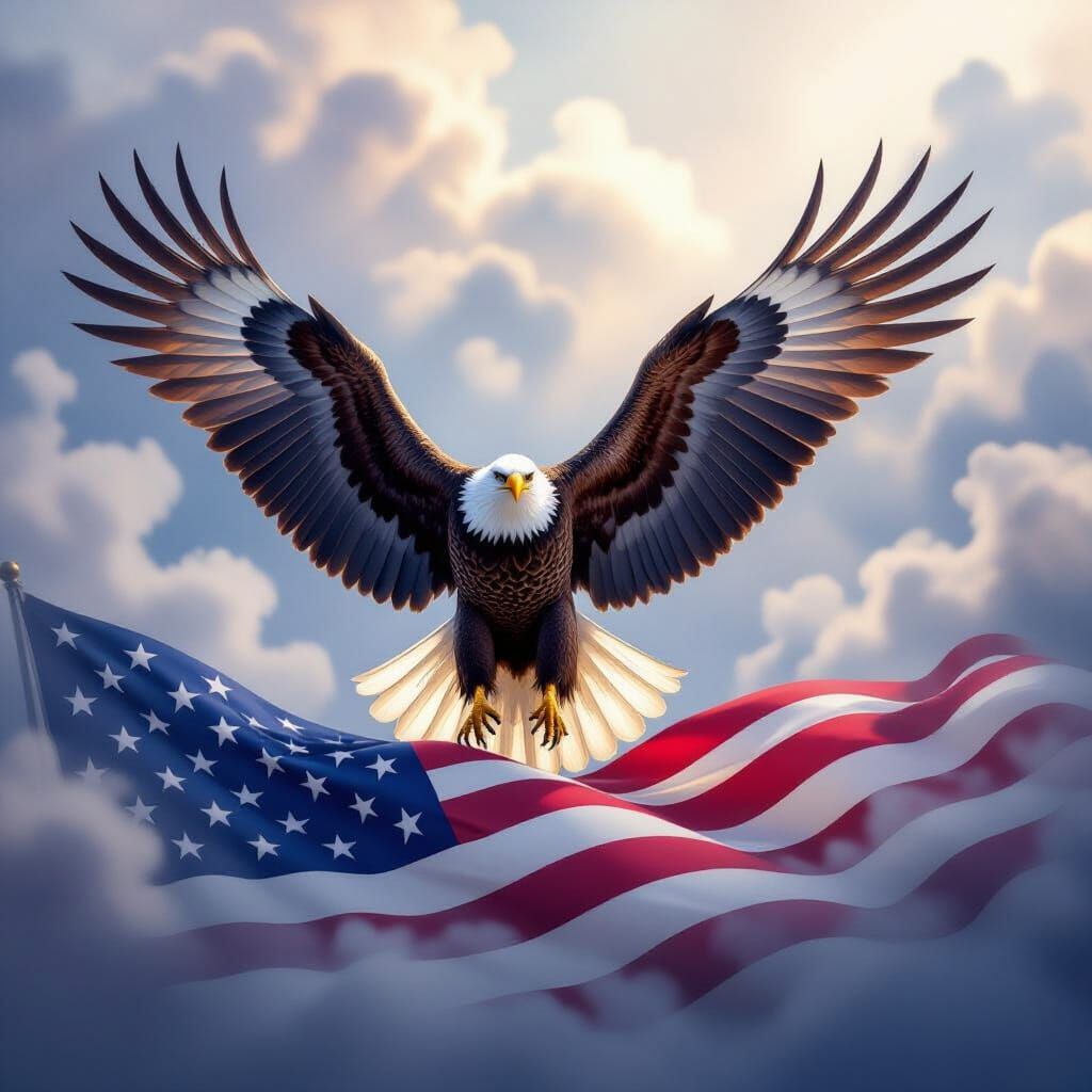 Majestic Eagle with American Flag in Ethereal Mist