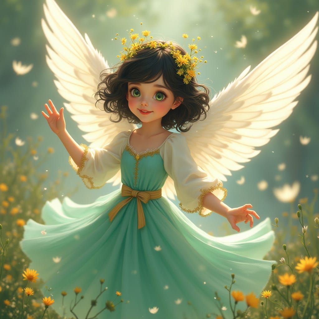 Majestic Princess Soars with Dandelion Wreath in Ethereal Gl...