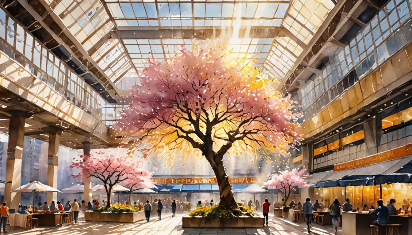 Sunlit Sakura Tree in Skyscraper, Watercolor Painting