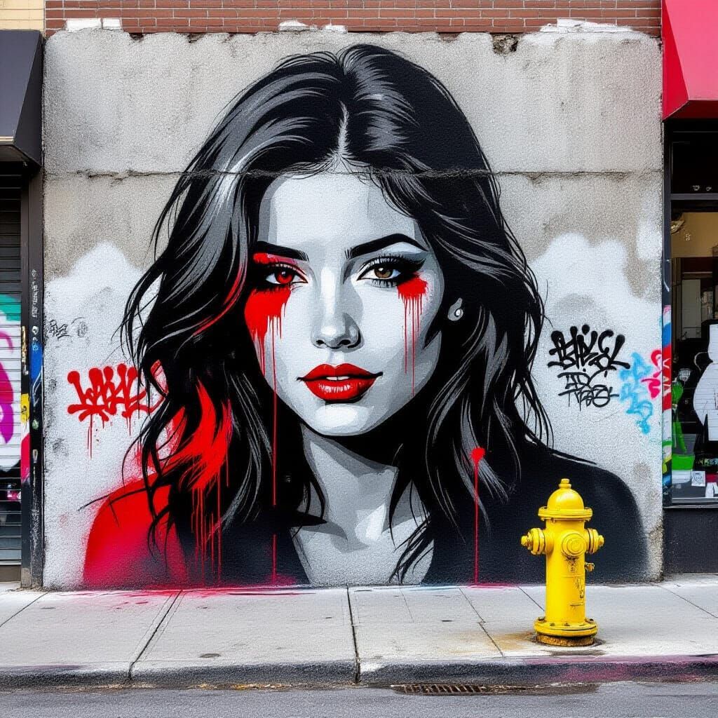 Street Art Portrait of a Woman in Black and Red