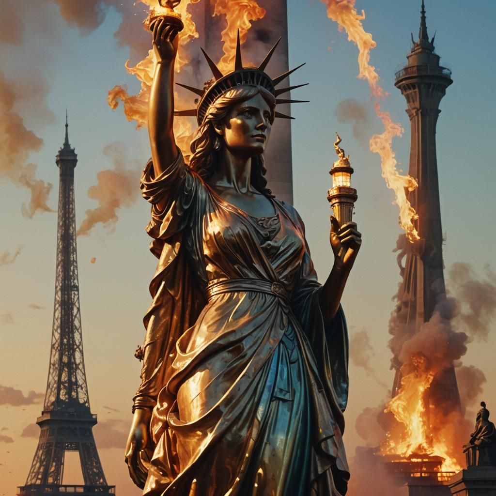 Eiffel Tower Liberty Portrait in Oil Painting Style