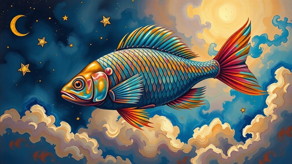 Surreal Abstract Fish Dances in Starry Night Sky