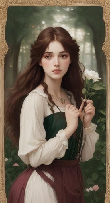 Maid Marian ruby accents on frame petite french model plump face medium length brown hair brown eyes 6'3" symmetrical -1...