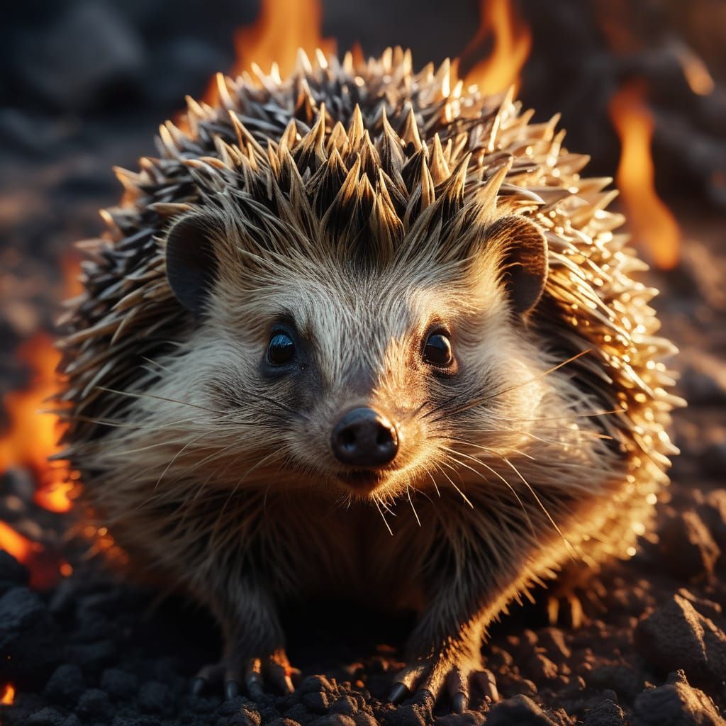 Fiery Hedgehog in Volcanic Landscape: Fantasy Art