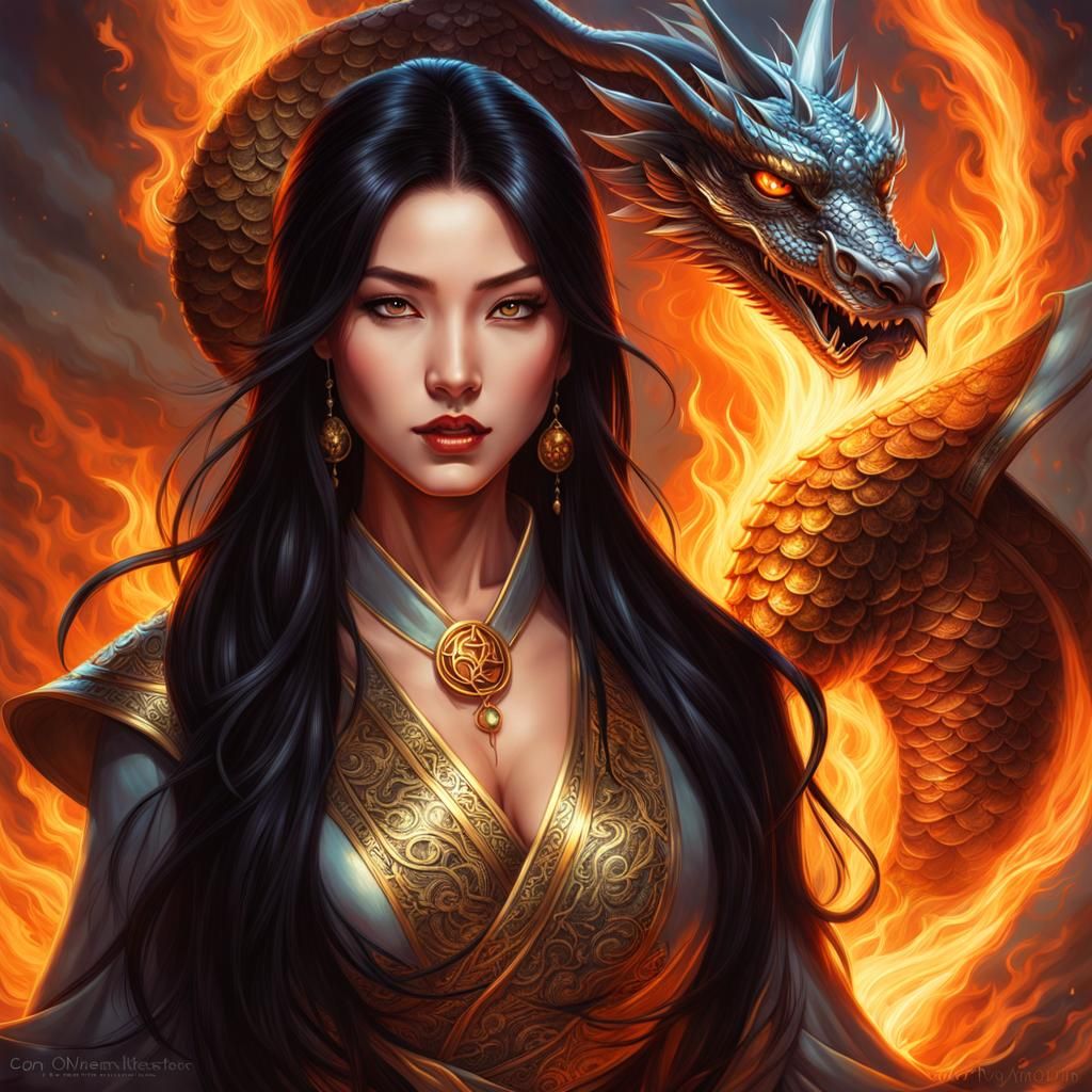 sorceress Chinese girl fire spell dragon