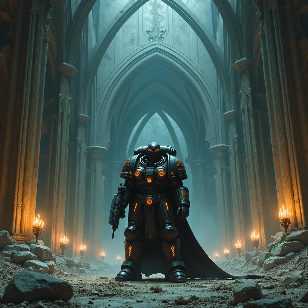 Heroic Space Marine in Gothic Cathedral