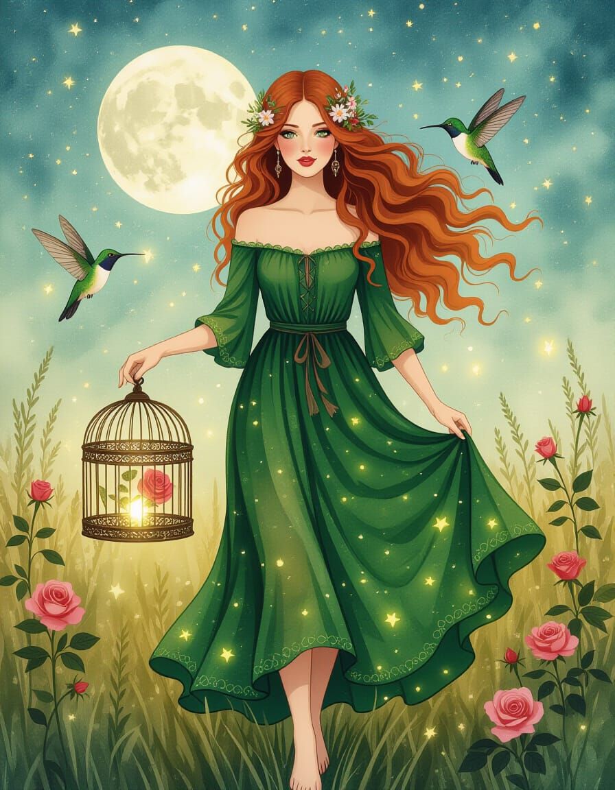 Bohemian Woman with Birdcage in Firefly Field