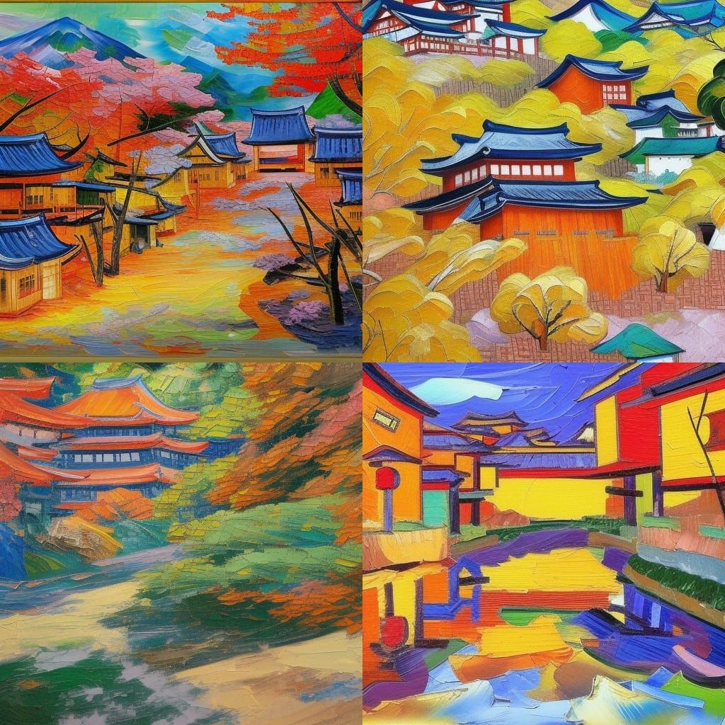 Japanese Village Fused with Star Wars, Impasto Oil Painting