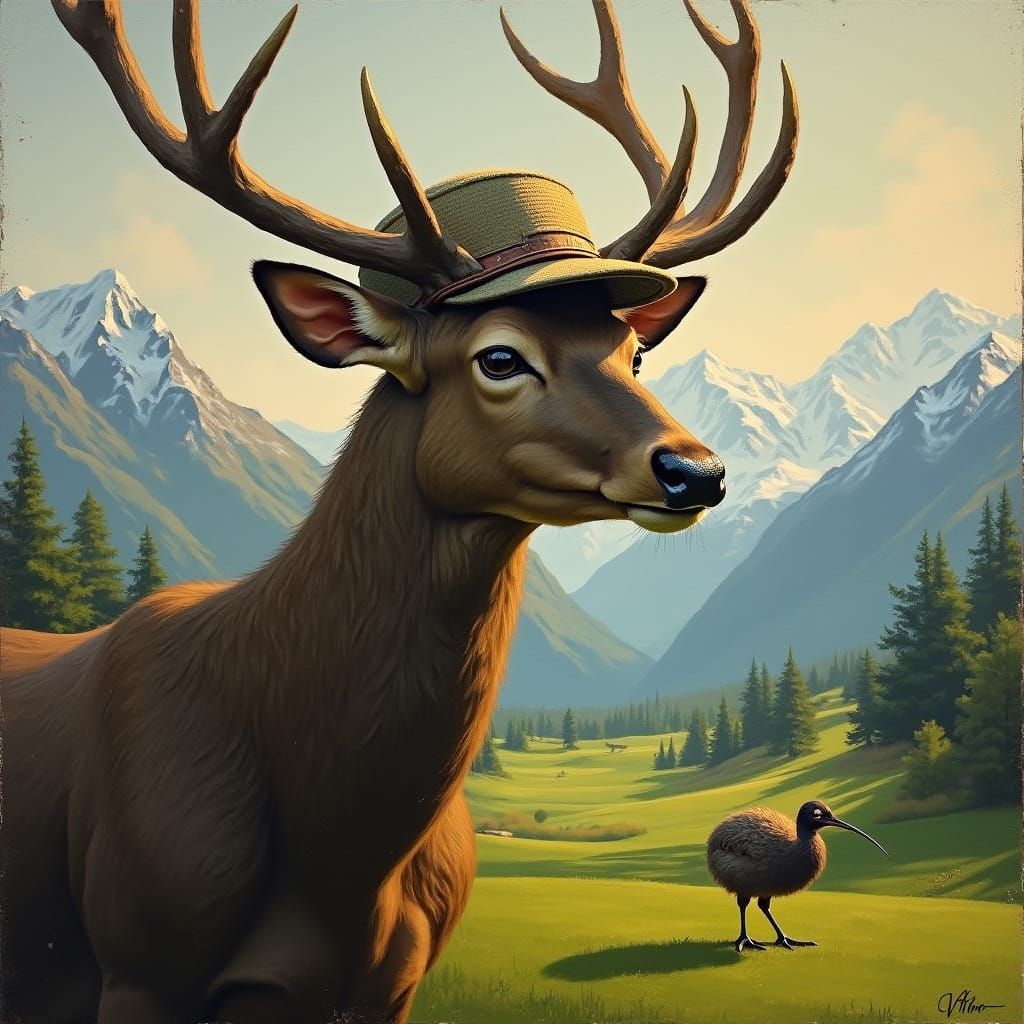 Vintage Oil Painting of Stag in 1930s Golf Attire