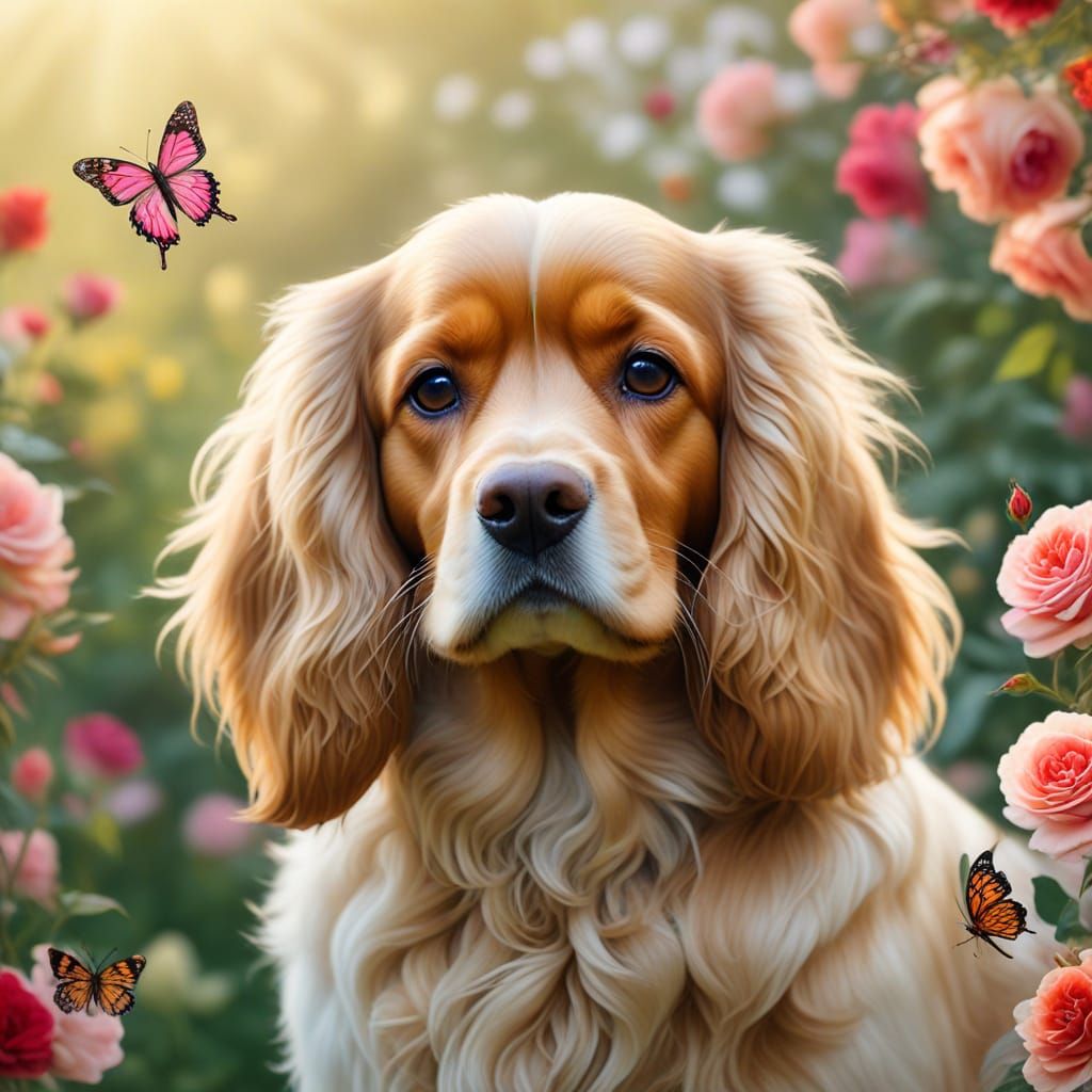 Whimsical Watercolor Portrait of a Golden English Cocker Spa...