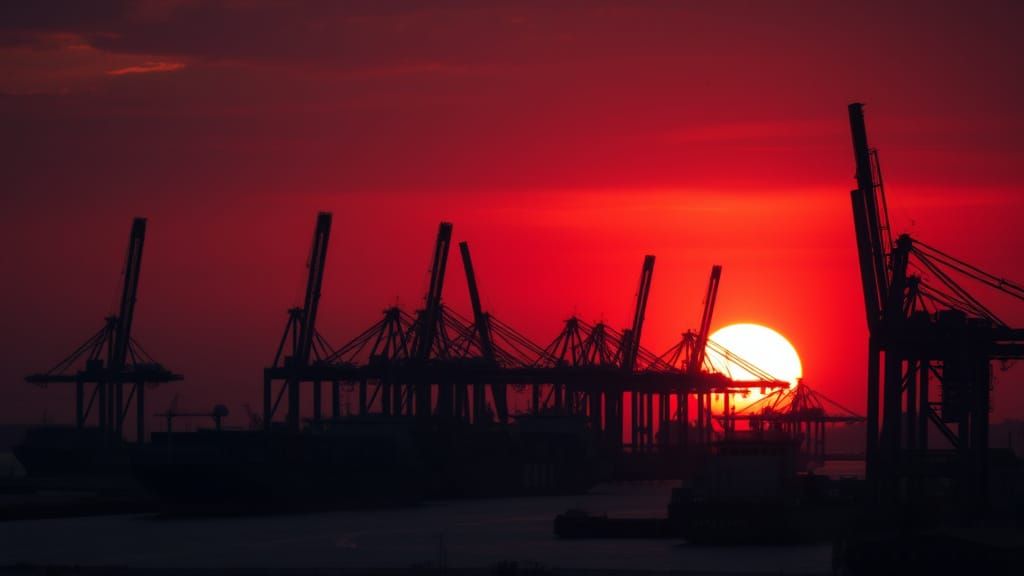 Silhouette of Cranes and Ships at Sunset