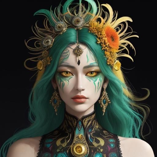 Golden Woman with Peacock Feathers, Abstract Portrait