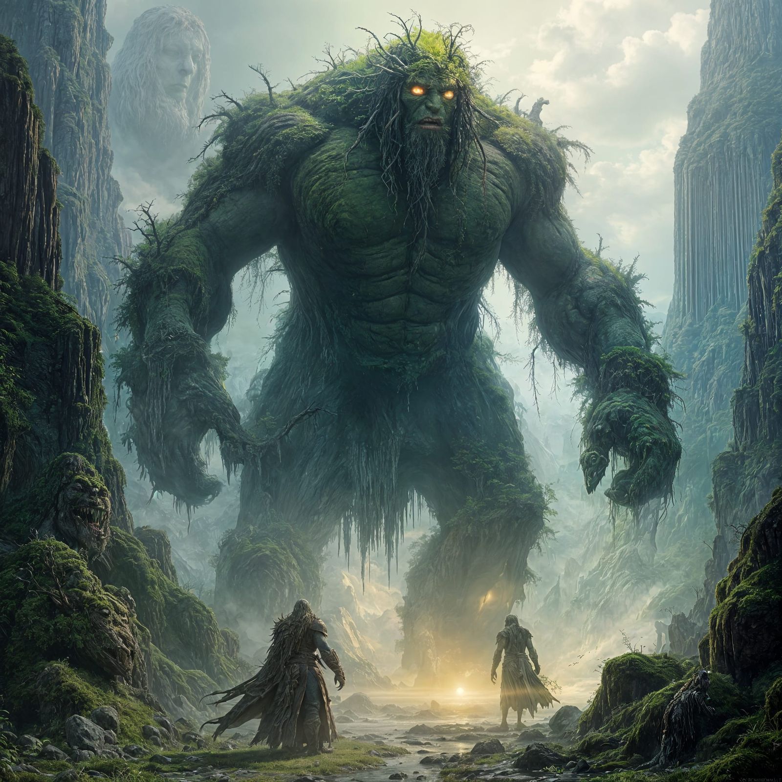 Overgrown Stone Giants Clash in Fantasy Landscape