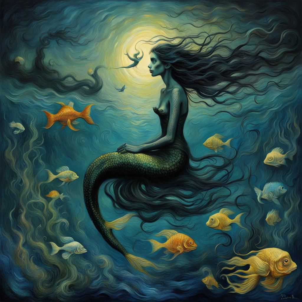 A beautiful dark mermaid Haunted Tim Burton Van Gogh Pablo Picasso Claude Monet Salvador Dali
