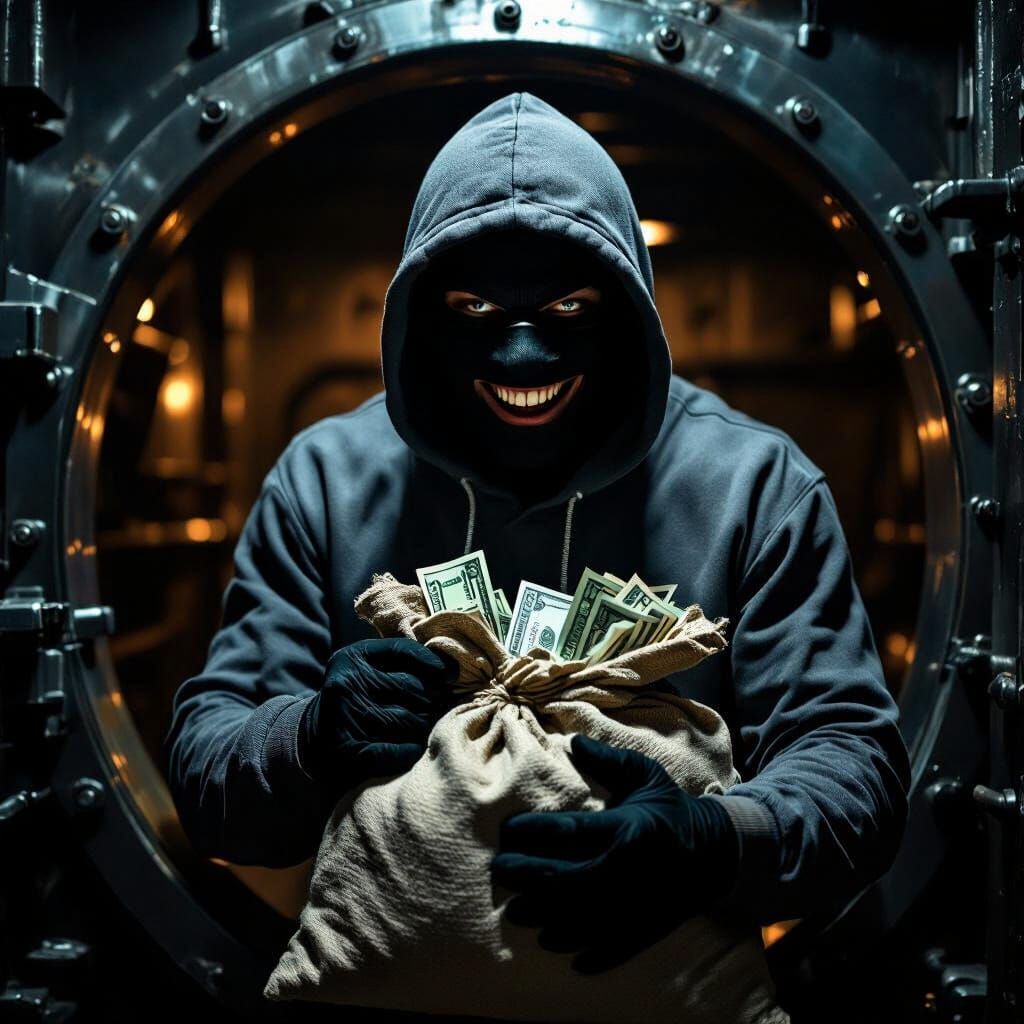 Bank Robber's Evil Cackle in Neo-Noir Style