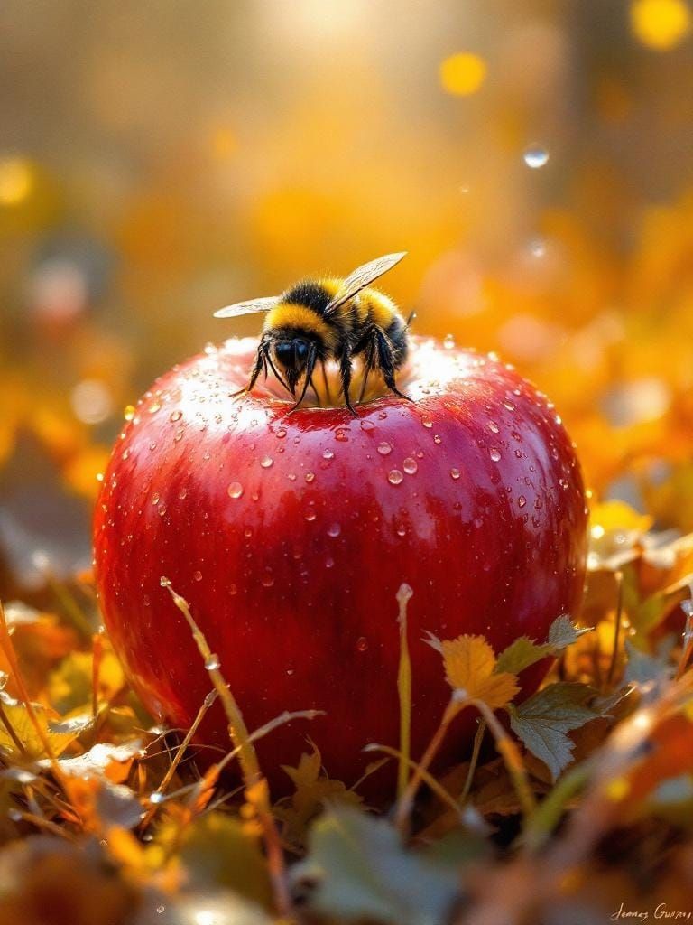 Bumblebee on Red Apple in Autumn Meadow Oil Painting