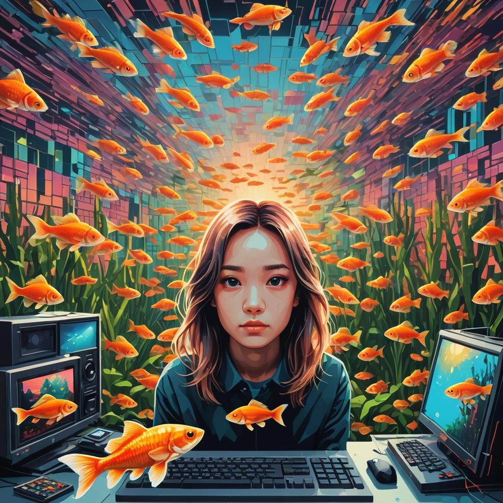 Pixelated Goldfish Portrait in Geometric Bauhaus Style