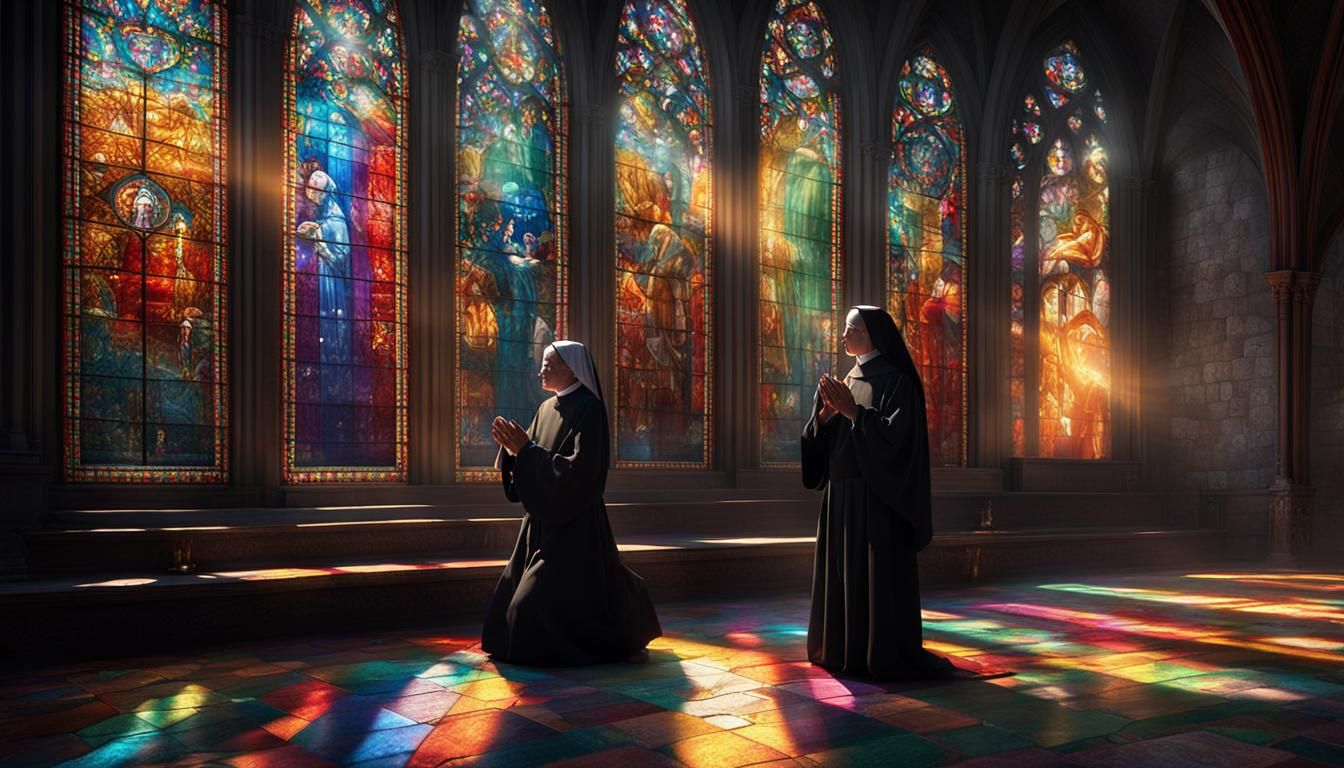 Nuns Praying in Gothic Church, Dark Fantasy Art