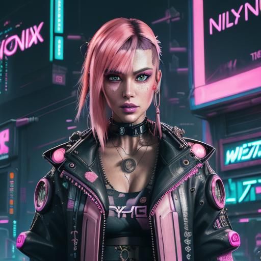 Cyborg Woman with Neon Wall in Cyberpunk Style