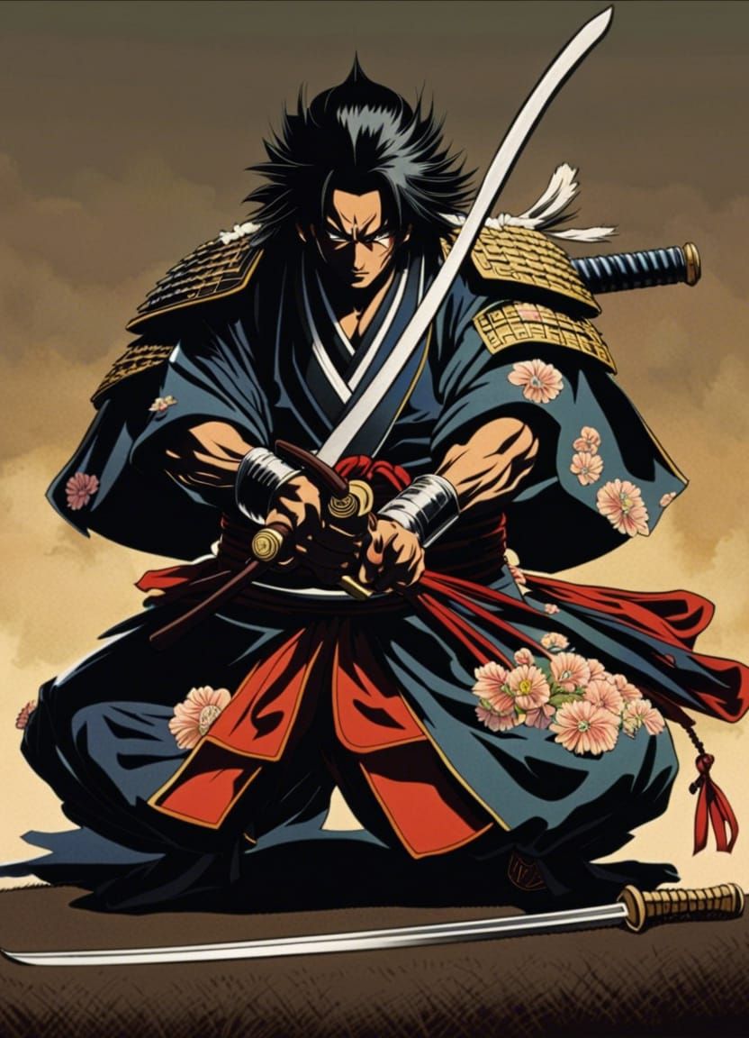 Samurai Bowing with Sword in Anime Style