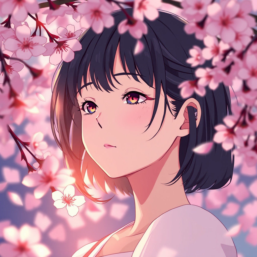 Anime Woman Surrounded by Cherry Blossoms
